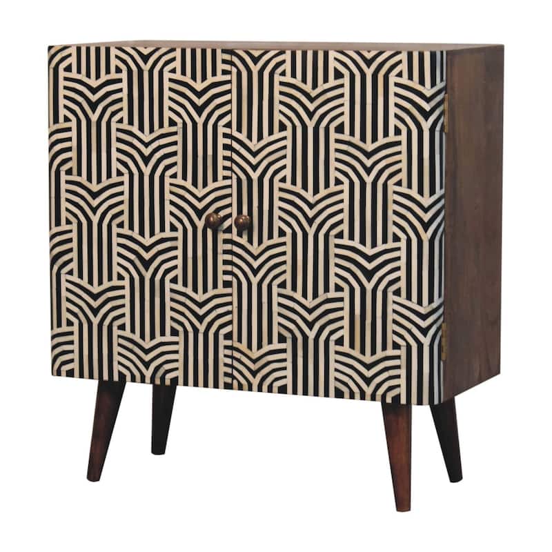 HomeRoots 32" Brown Black and White Solid Wood And Inlaid Bone Textured Accent Cabinet With Two Doors