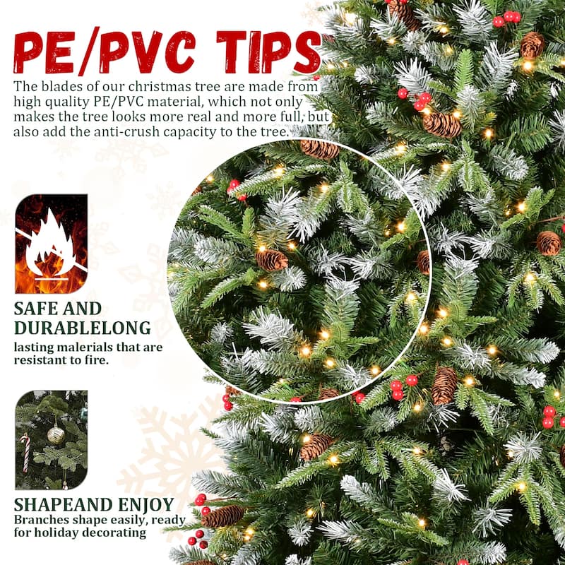 6FT Christmas Tree with 350 Warm White LED Lights-1593 Snow-Tipped PE+PVC Branches, Red Berries&Pine Cones, Hinged Design