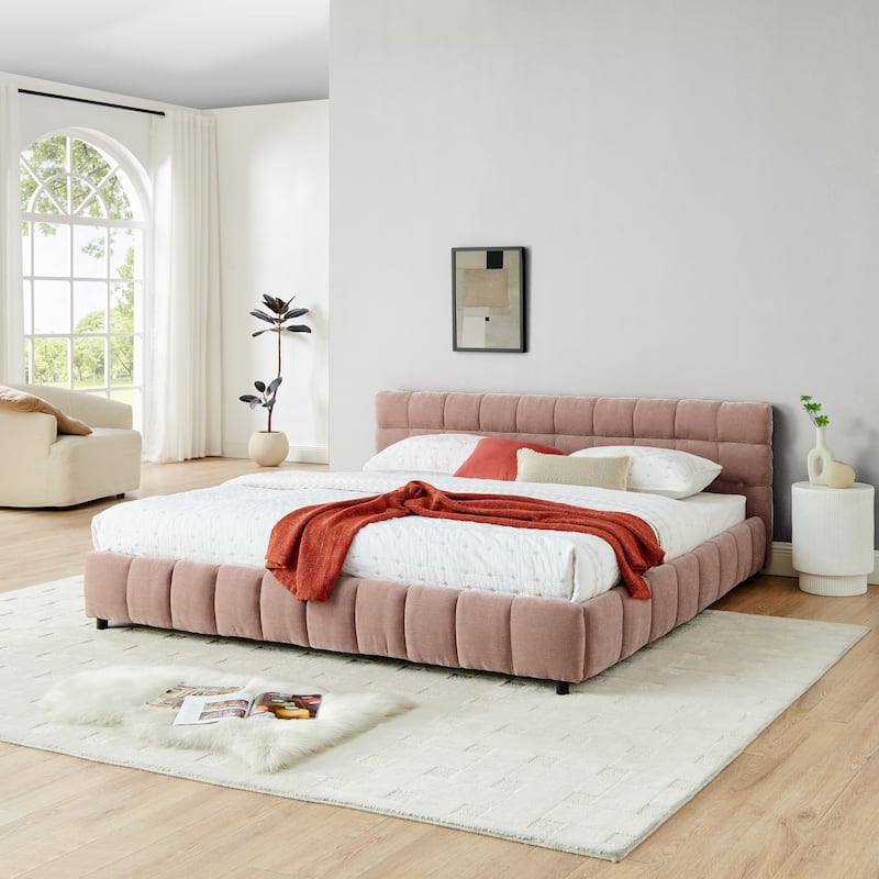 Block Thick Chenille Low Profile Platform Bed Fabric Upholstered Bedframe with Headboard Solid Wood Frame - Optional Storage Bed