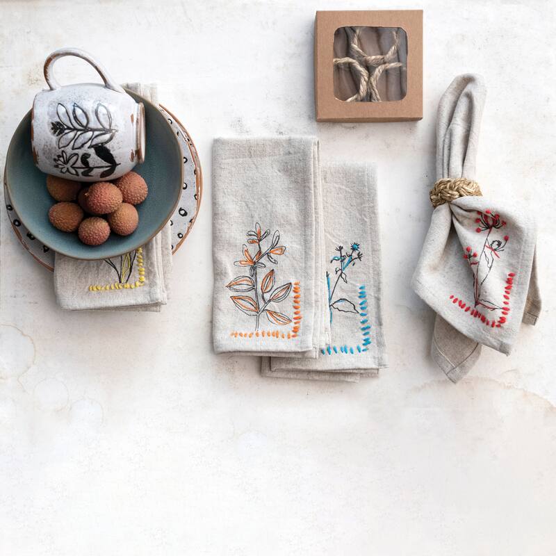 Cotton and Linen Napkins with Flower Embroidery and French Knot Design - 18.0"L x 18.0"W x 0.1"H