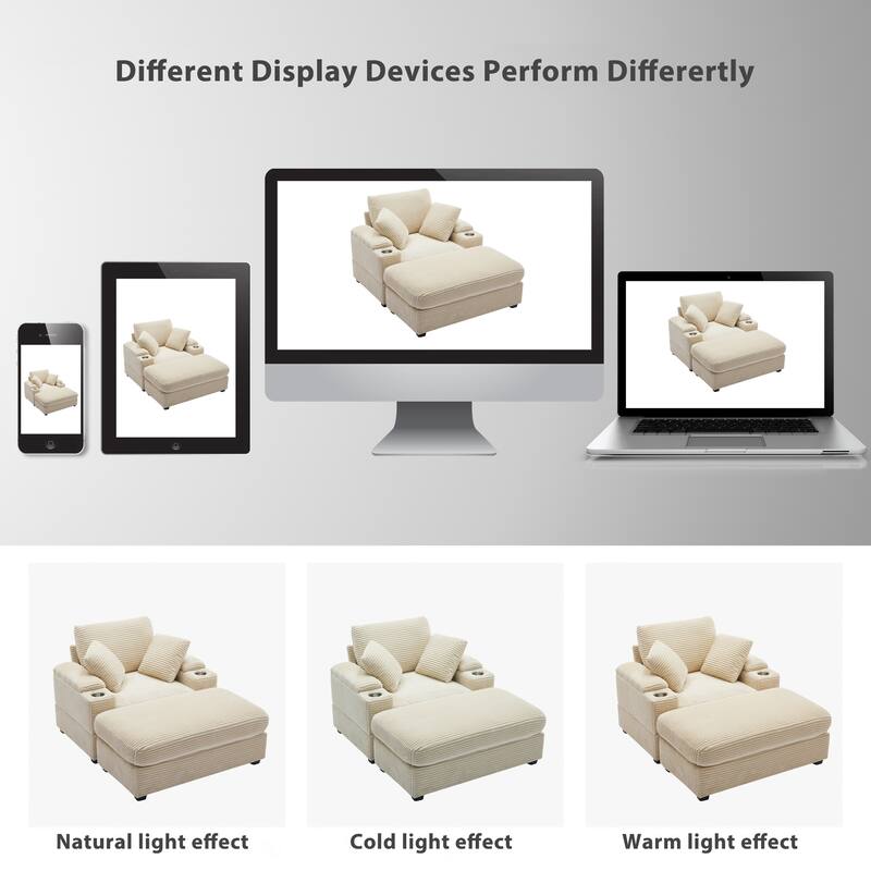 Corduroy Sofa Sets with Ottoman, Handrail Storage and Cup Holders