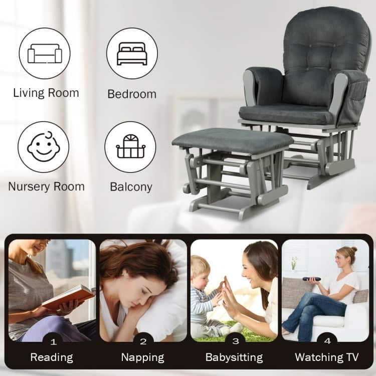 Solid Wood Gliding Chair Set with Storage Pockets and Ottoman for Relaxing - 29.5" x 28.5" x 39.5" (L x W x H)