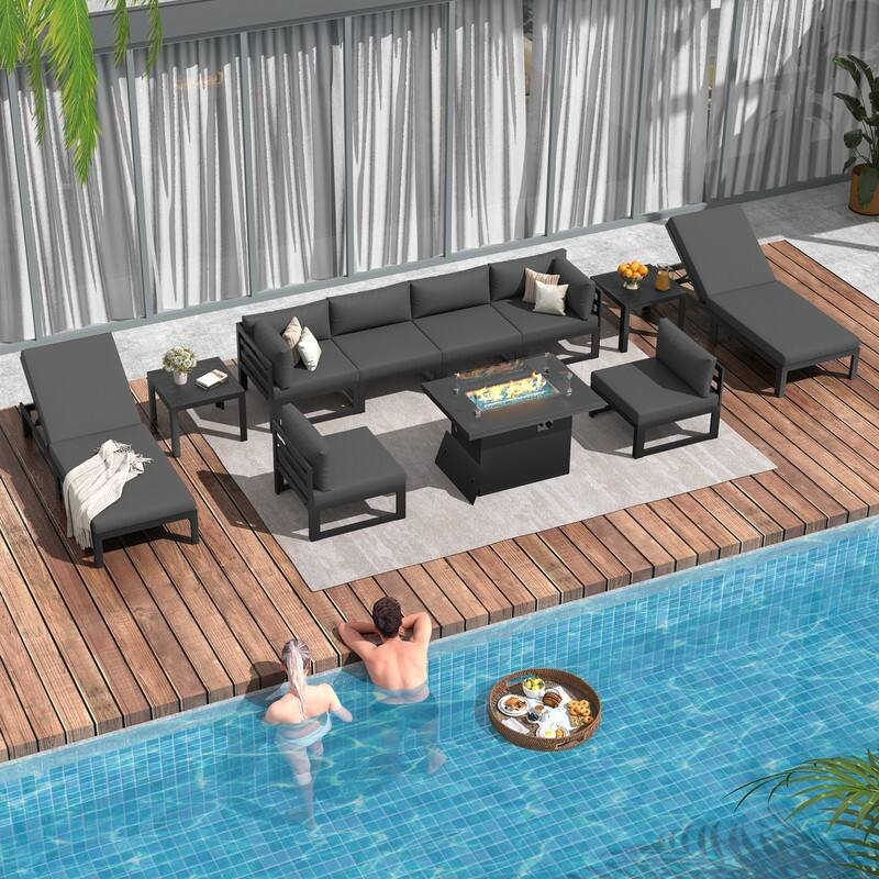 FINCATI Aluminum Outdoor Patio Furniture Conversation Sectional Sofa Set - 11 Pieces - Dark Grey