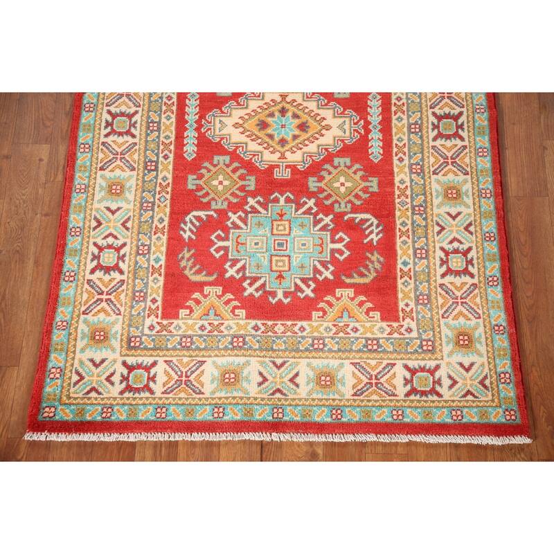 Kazak Rug Hand-Knotted Geometric Red Wool Carpet - 3'3"x 4'10"