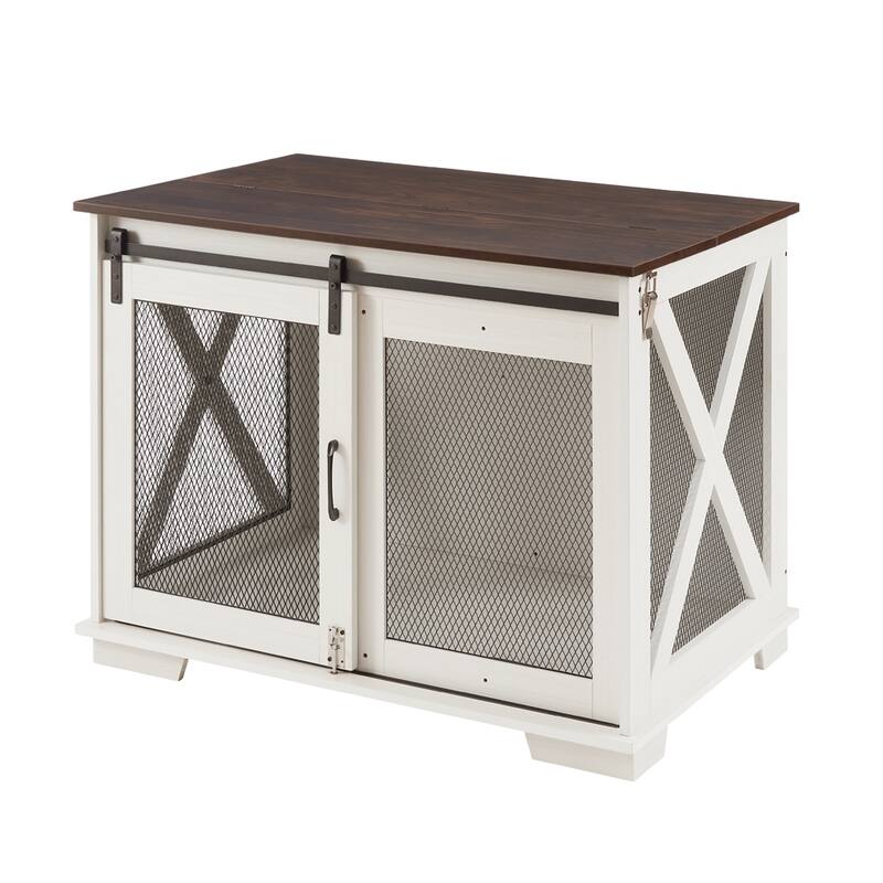Farmhouse Dog Cage Crate Furniture with Sliding Barn Door, Wood Dog Kennel End Table, Flip-top Plate, Detachable Divide - White