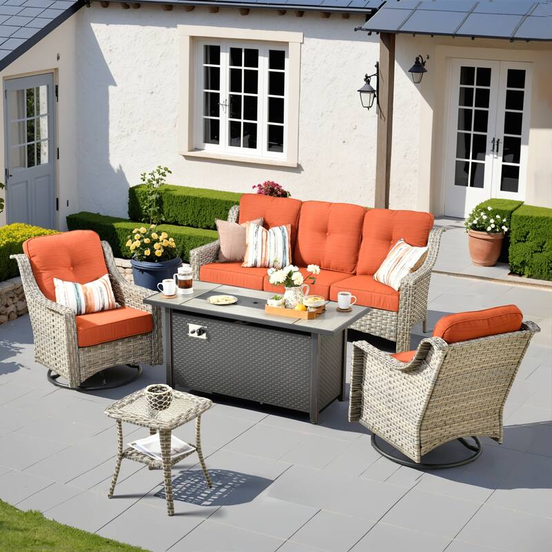 HOOOWOOO 5-piece Rattan Outdoor Patio High Back Swivel Chair Set with 54"Fire Pit - Red/Orange