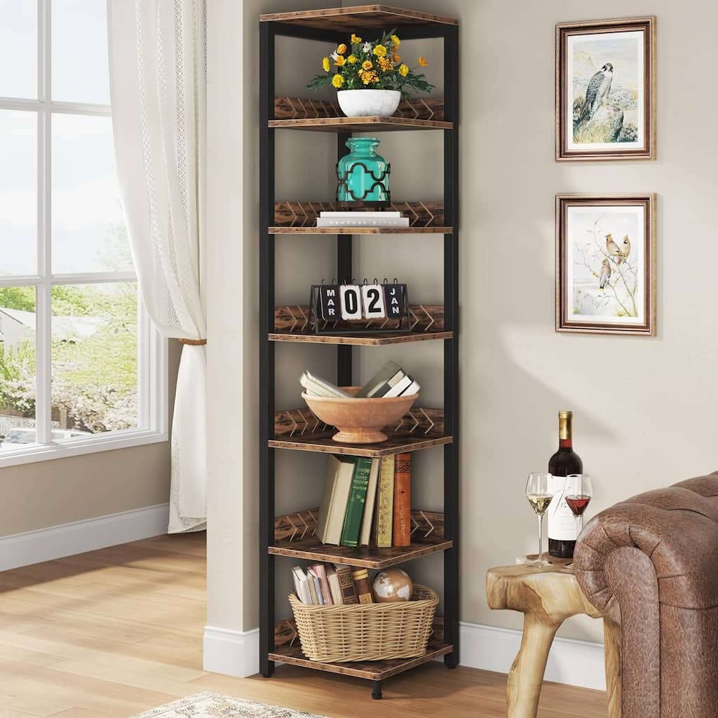 6-Tier Corner Shelf, 76.7-Inch Tall Narrow Bookshelf Storage Rack
