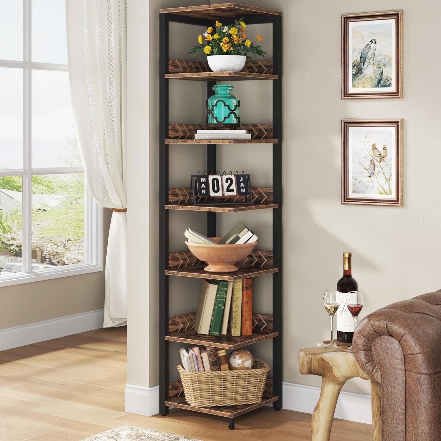 6-Tier Corner Shelf, 76.7-Inch Tall Narrow Bookshelf Storage Rack