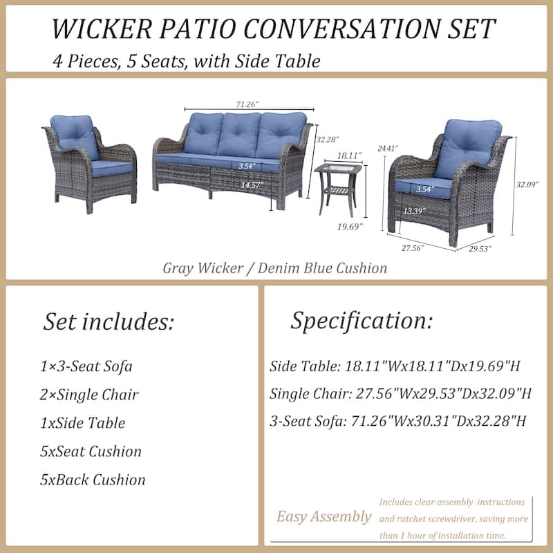 4 Piece Outdoor High Back Wicker Patio Conversation Furniture Sets