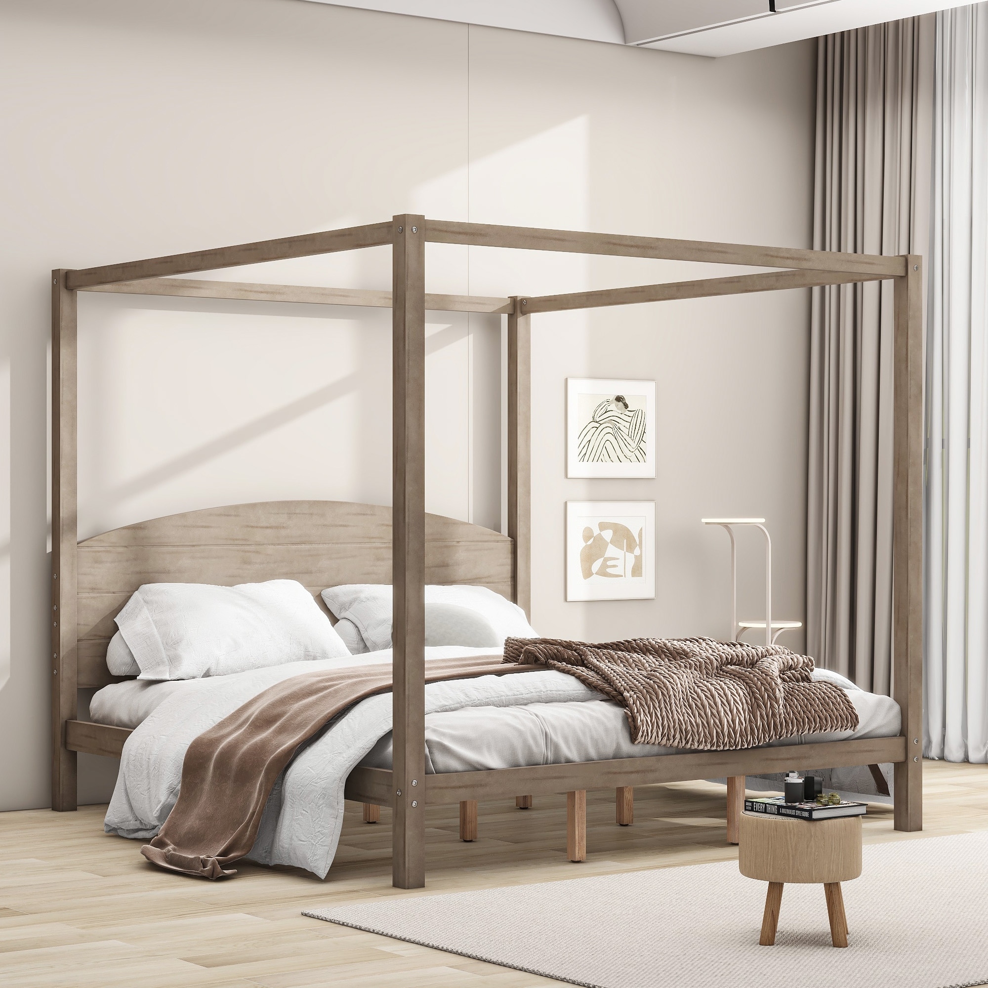 Pine Wood Canopy Platform Bed Frame with Headboard and Support Legs
