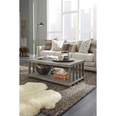 Magnussen Home Eldridge Weathered Gravel and Satin Bronze Rectangular Cocktail Table with Casters - 48''W x 28''D x 18.5''H