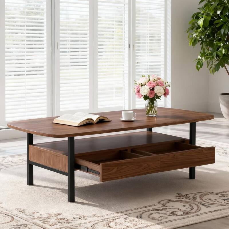 47.2" Wooden Coffee Table with Drawer Storage & Metal Legs for Living Room - 47.2"Wx22"Dx16.7"H