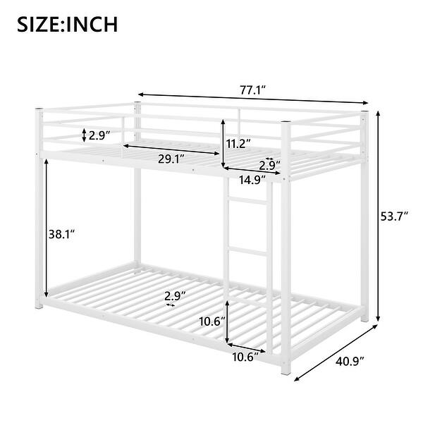 dimension image slide 0 of 3, Twin over Twin Size Metal Low Bunk Bed with Ladder and Fence for Kids, Boys and Girls, Bedroom
