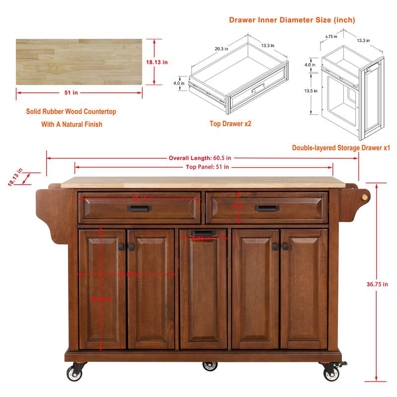 Kitchen Island with Rubber wood Countertop, Kitchen Cart on 5 Wheels with Storage Cabinet and 2 Top Drawers