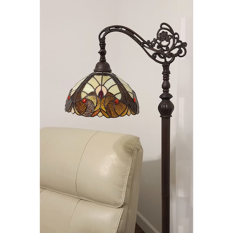 Beige Metal Torchiere Floor Lamp with Stained Glass Dome and 3 Way Switch - 12” x 12” x 62” (D x W x H)