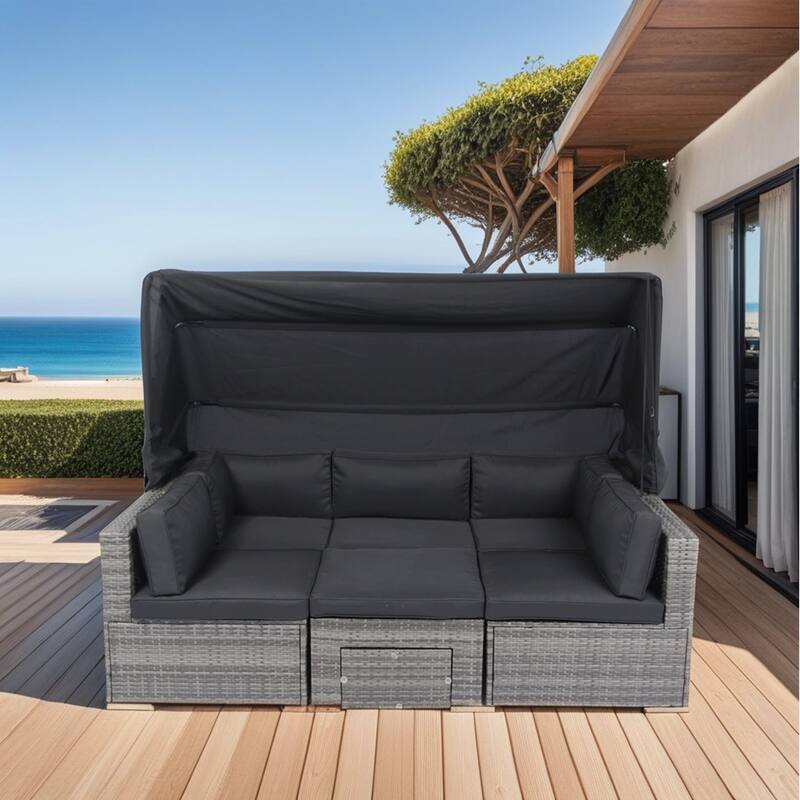 7 Piece Patio Furniture Set, Outdoor Rattan Sectional Sofa Set with Retractable Canopy, Cushions and Coffee Table