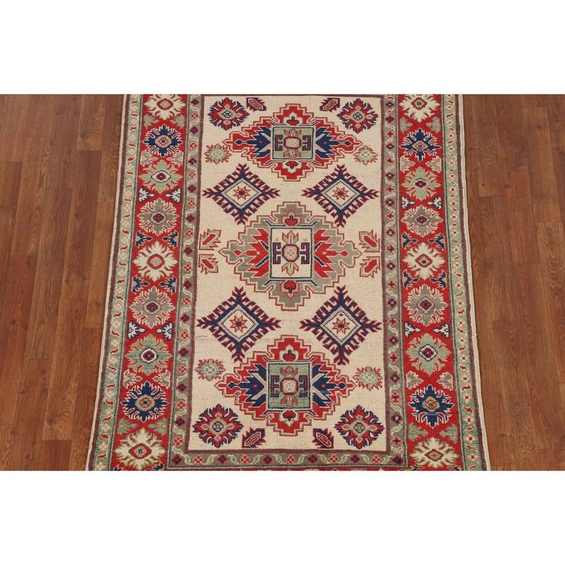 Beige / Ivory Kazak Area Rug Hand-Knotted Oriental Wool Carpet - 3'9" x 5'10"
