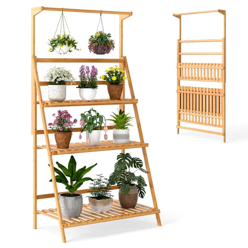 Gymax 3 Tier Hanging Plant Stand w/ Height Adjustable Hanger Rod - Brown