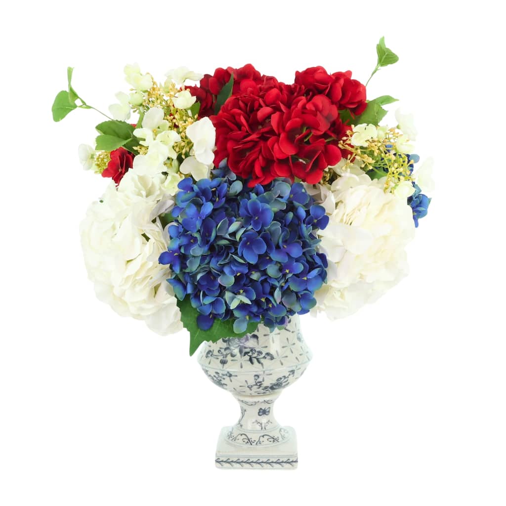 Red, White and Blue Hydrangea Arrangement in Pedestal Vase