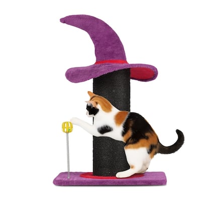Wizard Hat Cat Scratching Post with Spring Ball Toy for Indoor Cats, Halloween Spooky Cat Scratcher, Purple