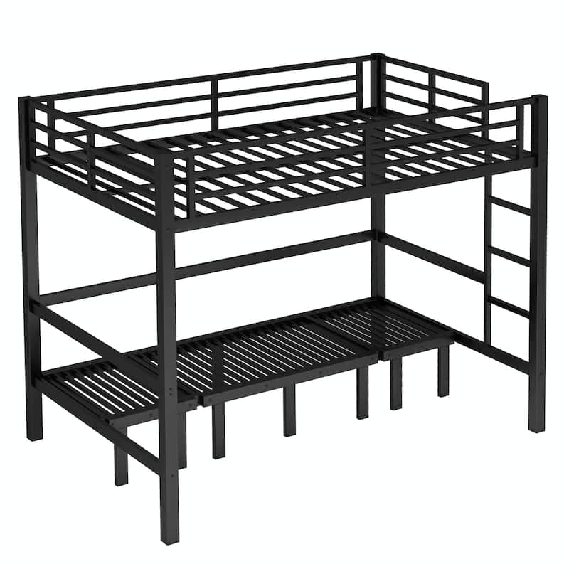 Pull-Out Bunk Bed with Three-Section Lower Bunk and Safety Rails on Top Bunk