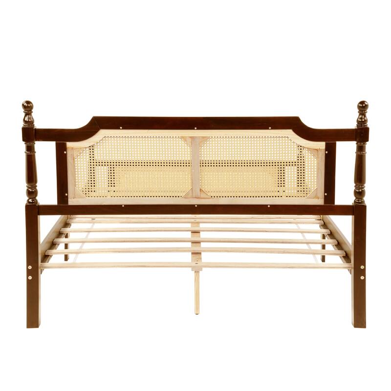 Queen Pine Wooden Bed with Rattan Headboard and Footboard, Central Enhanced Bed Platform, Walnut
