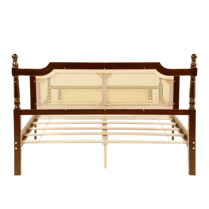 Queen Pine wooden Bed with Rattan Headboard and Footboard