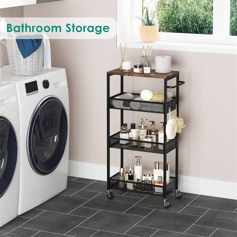 Storage Cart 4 Tier Narrow Kitchen Rolling Cart on Wheels for Small Space