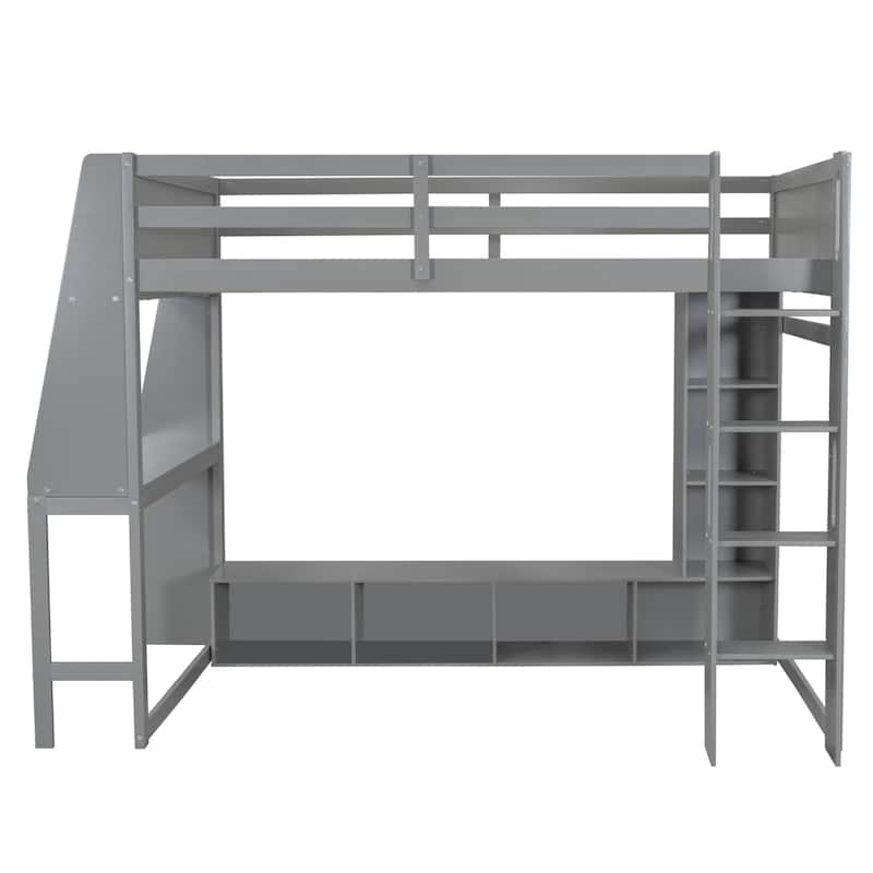 Multi-Functional Gaming Loft Bed with Built-in Desk & Storage Cabinets, Wood Bed Frame with LED and a Hanging Clothes Rack