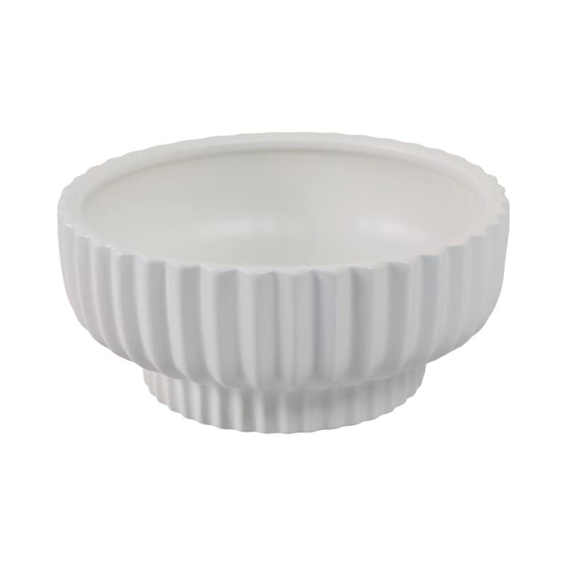 Decorative Ribbed Ceramic Bowl with Matte Finish - 12", White - 12.0"