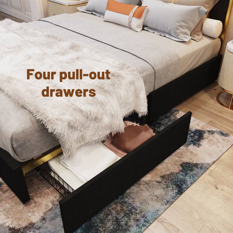 Queen Size Bed Frame with Tall Headboard, Upholstered Platform Bed w/ Golden Plating Trim & Slats Support, No Box Spring Needed