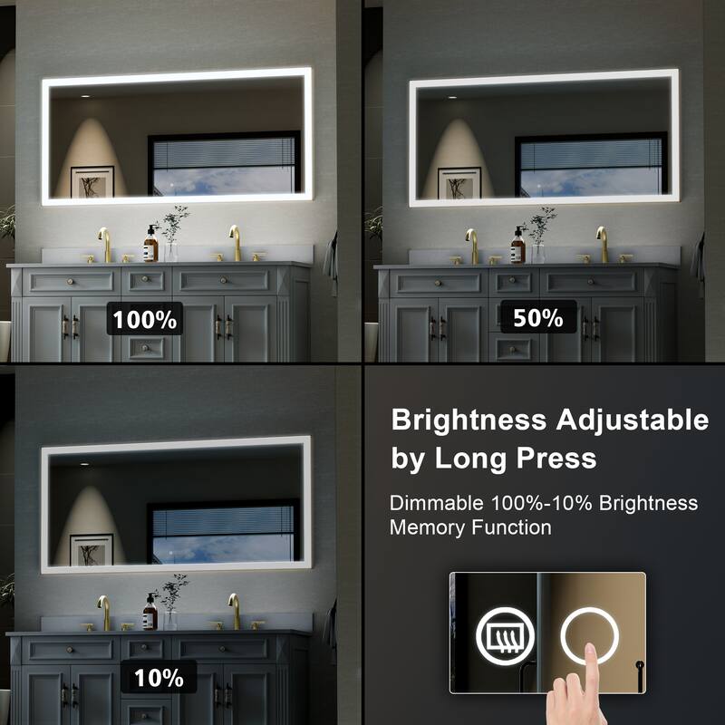 Wall Mounted Bathroom Framed LED Mirror With Dimmable Light Touch Sensor And Memory Function, Anti- Fog