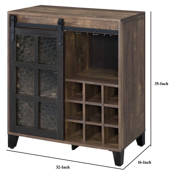 Wine Cabinet with Metal Barn Sliding Glass Door and 9 Cubbies, Brown