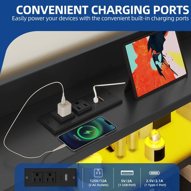 Moasis Upholstered Bed Frame with Storage Headboard And Charging Station and LED Light