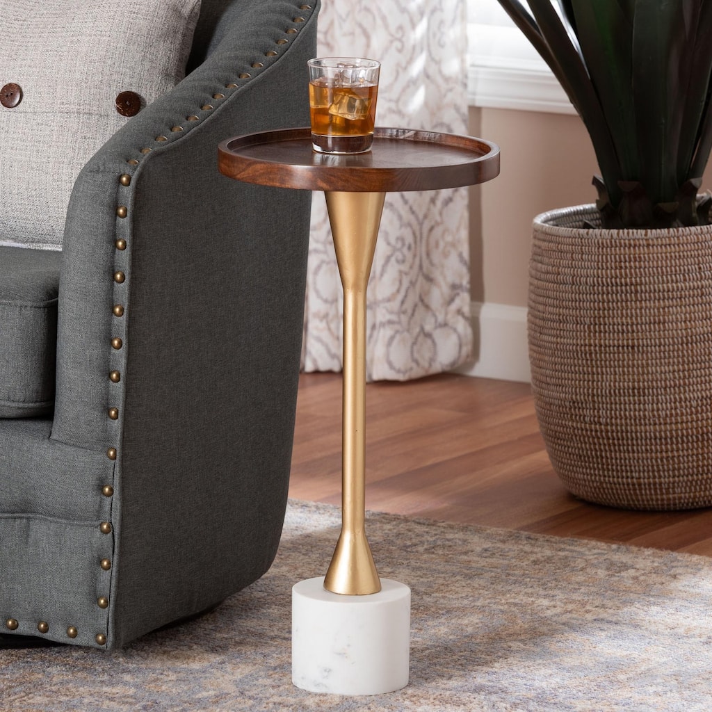 Janaki Drink Table with Marble Base - Compact Pedestal Accent Table with Tray Top for Living Room or Sofa Side