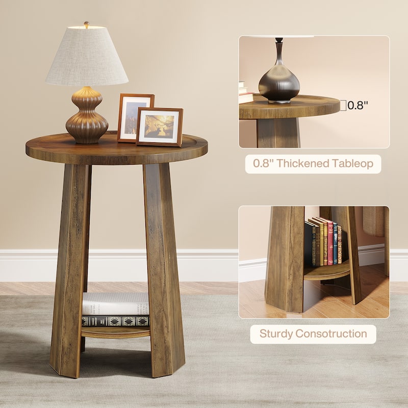 2-Tier Round End Table with storage, Farmhouse Side Table with Sturdy Base