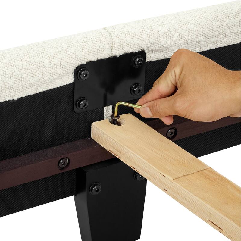 White Boucle Upholstered King Size Platform Bed with Padded Headboard