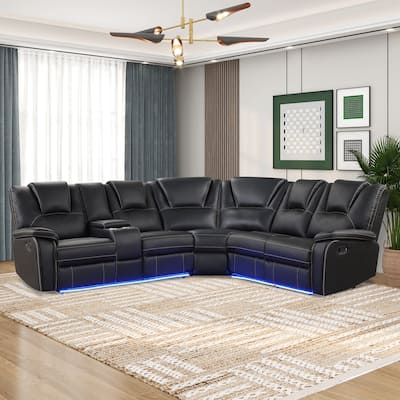 Modern Faux Leather Manual Reclining with LED Light Strip with 2 Cup Holders
