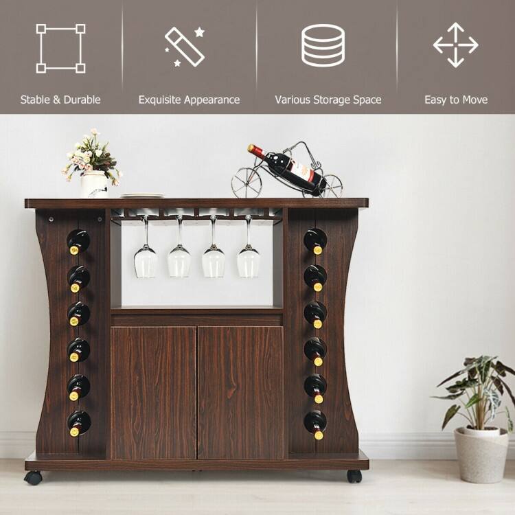 Rolling Buffet Sideboard Wooden Bar Storage Cabinet - Walnut - 43.5" x 15.5" x 36"(L x W x H)