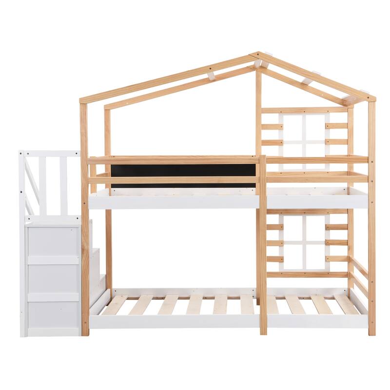 Twin over Twin Bunk Bed House Bed With Roof Windows Blackboard And Storage Ladder Platform Bed, bed Frame