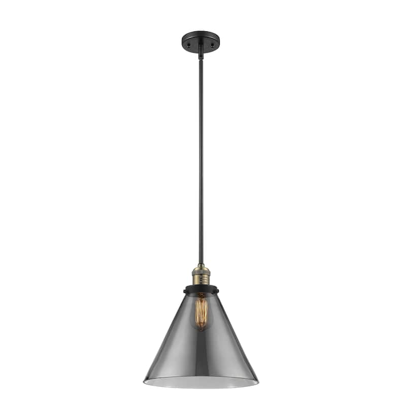 Innovations Lighting Franklin Restoration Cone - 1 Light 12" Stem Hung Mini Pendant - Black Antique Brass/Light Smoke