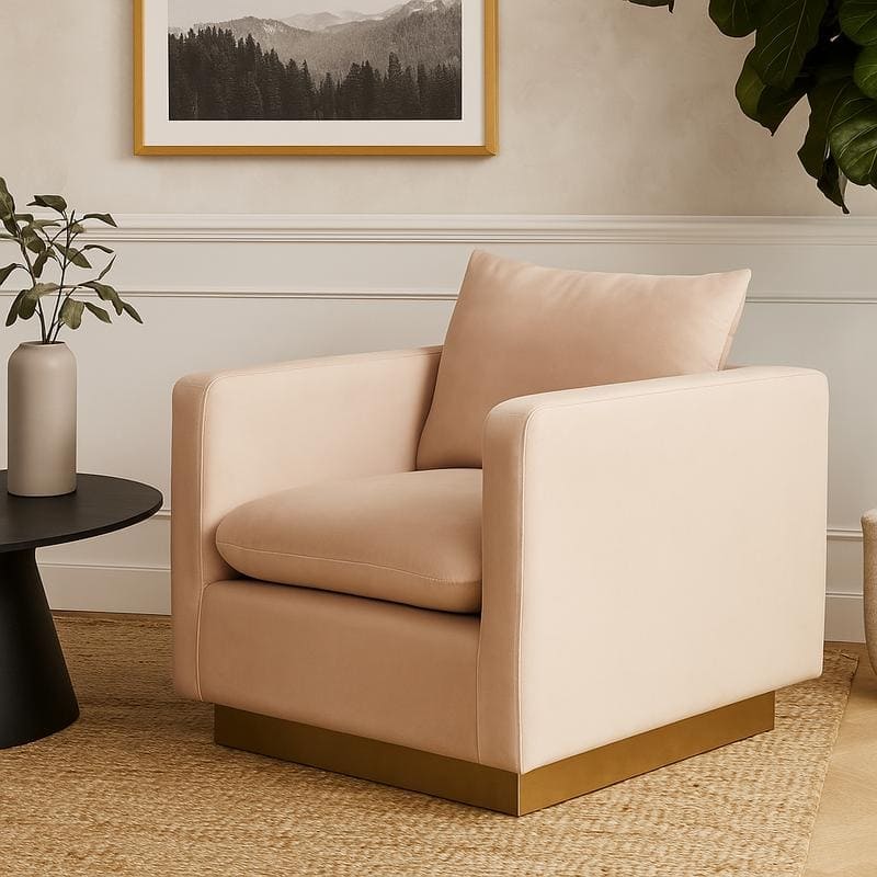 Nervo Single Seater Sofa Velvet Modern Accent Arm Chair with Gold Stainless Steel Square Base for Living Room & Bedroom - 32.67