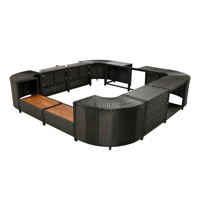 Outdoor Rattan Spa Frame Conversation Sofa Set with Storage & Wooden Bench