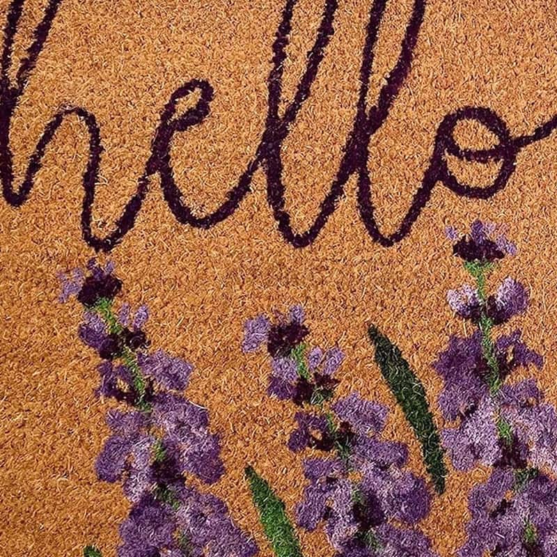 HomeRoots 17" X 29" Natural Black and Purple Coir Floral Hello Outdoor Door Mat - 17.00' X '29.00
