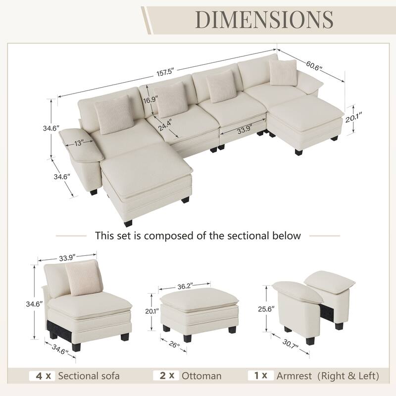 MAISON ARTS Modular Cloud Sectional Sofa, Comfy L- or U-Shaped Couch with Ottomans & Pillows, 4–6 Seat Living Room Sofa