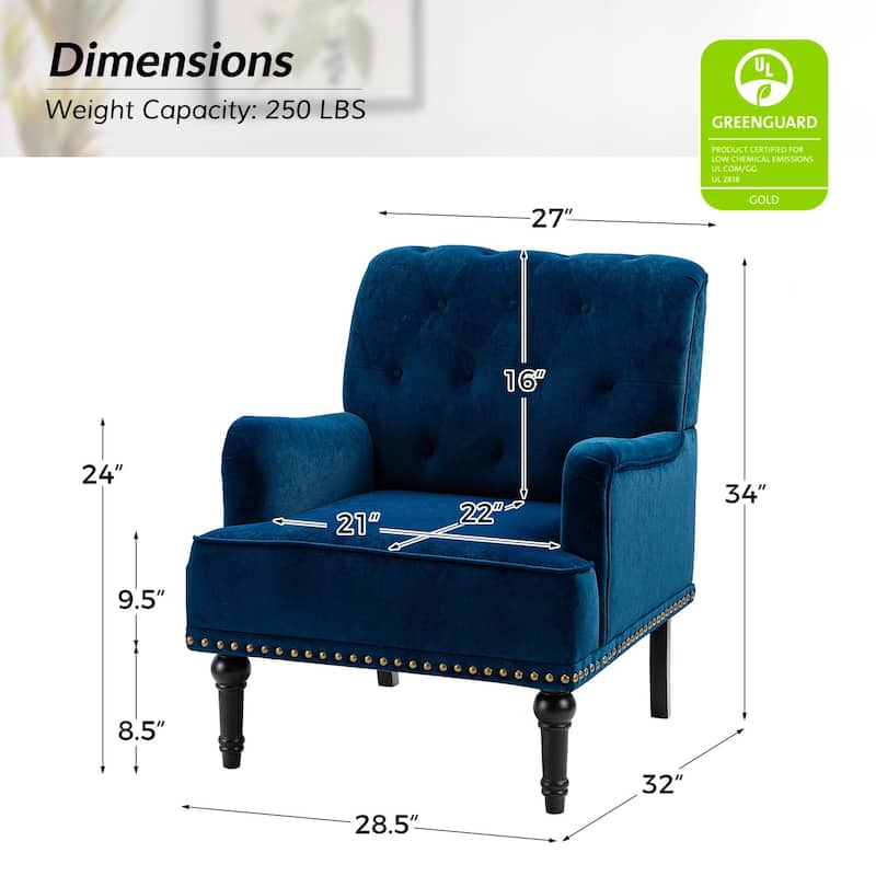 Geltrude Transitional Upholstered Button Tufted Club Chair with turned wooden Legs by HULALA HOME