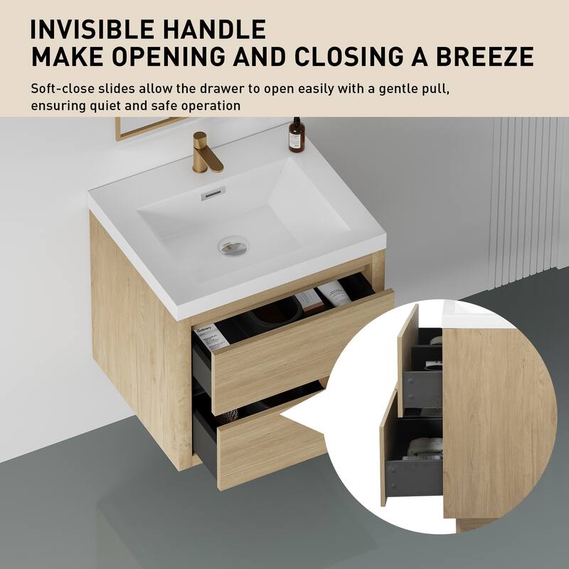 36" Floating Bathroom Vanity with Stone Resin Countertop, Soft Close Drawers, and U-Shaped Drain Design