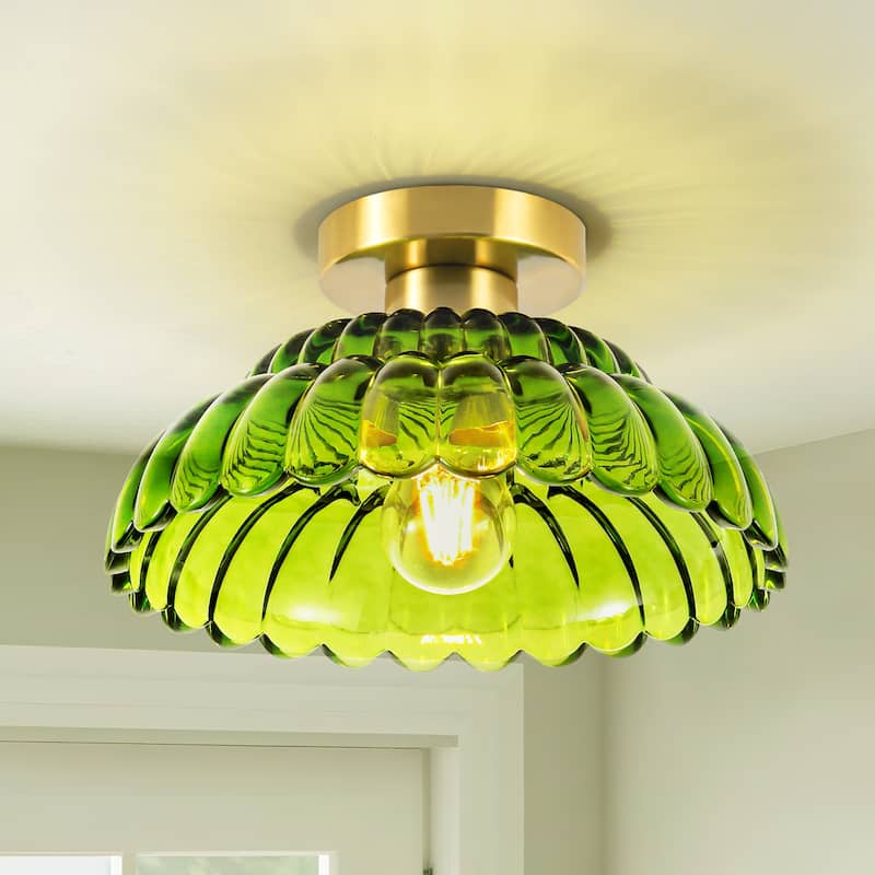 1-Light Vintage Brass Finish Metal Semi-Flush Mount Ceiling Light with Amber/Green/Grey/Clear Glass Shade for Kitchen, Hallway - Green/Gold