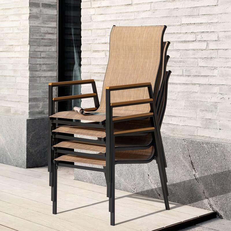 Patio Stackable Textilene Dining Chairs Set of 4, Faux Wood Armrests