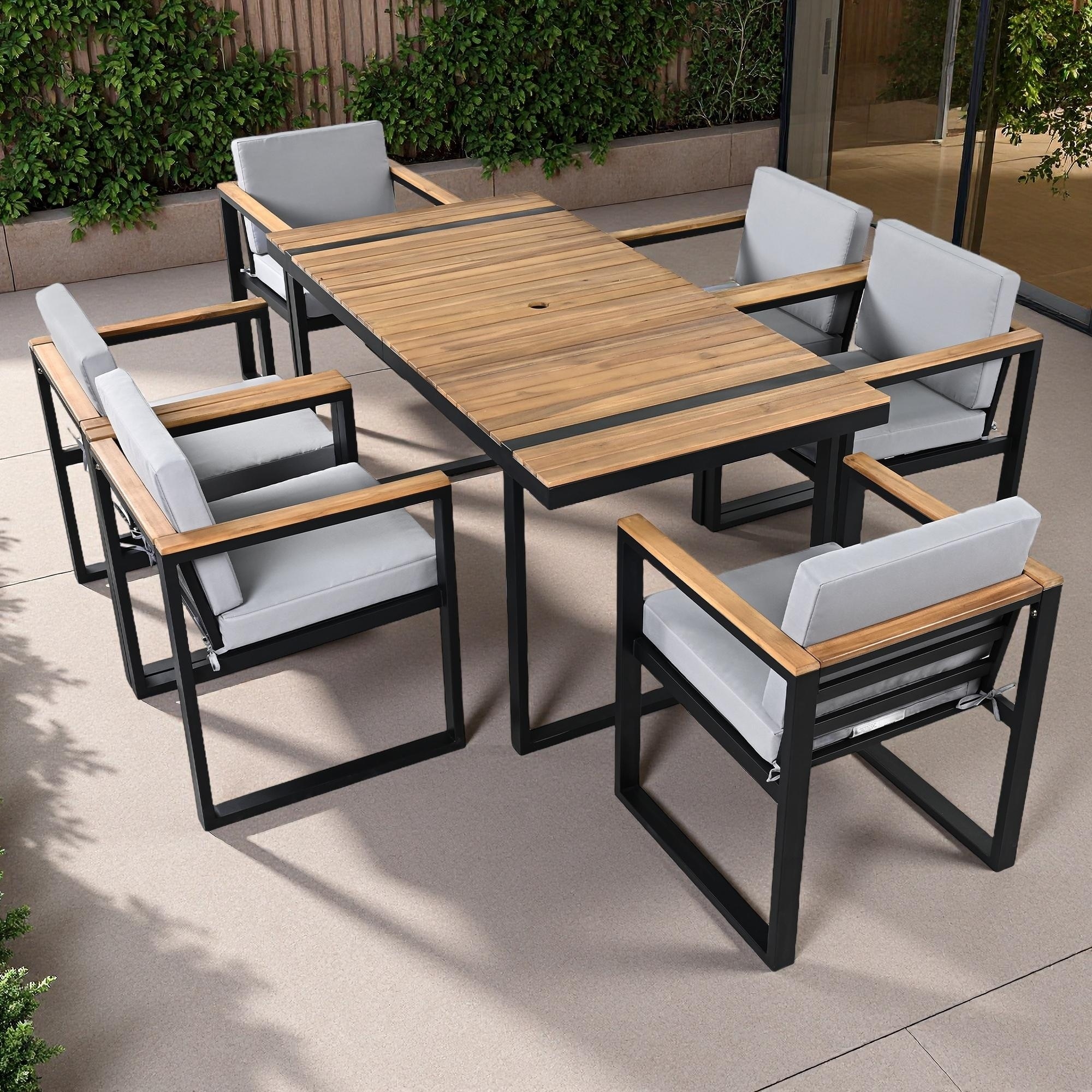 7-Piece Outdoor Patio Steel Dining Set with Umbrella Hole and 6 Cushioned Armchairs